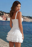 Sparkly Ivory Tiered Thick Straps Sequins Short Graduation Dress