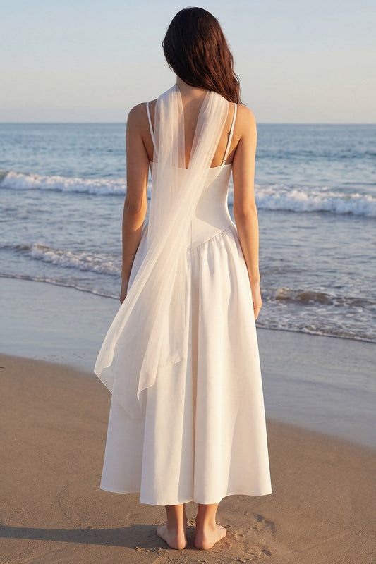 Ivory Neck Scarf A Line Long Wedding Reception Dress