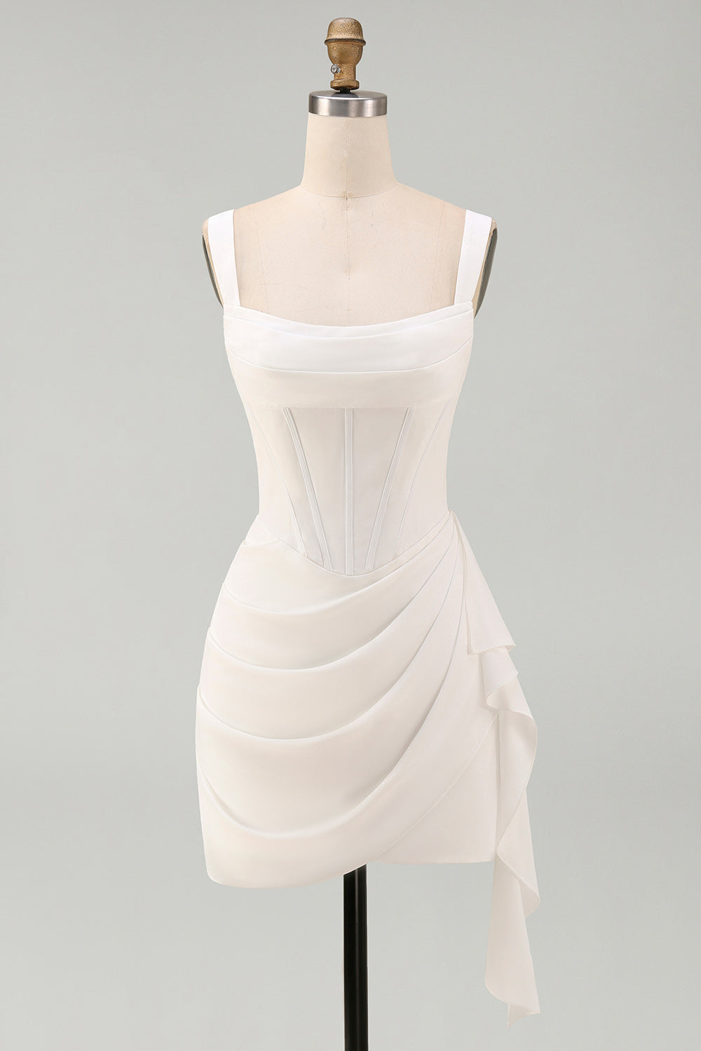 Ivory Ruched Thick Straps Short Corset Graduation Dress with Ruffles