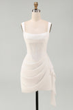 Ivory Ruched Thick Straps Short Corset Graduation Dress with Ruffles