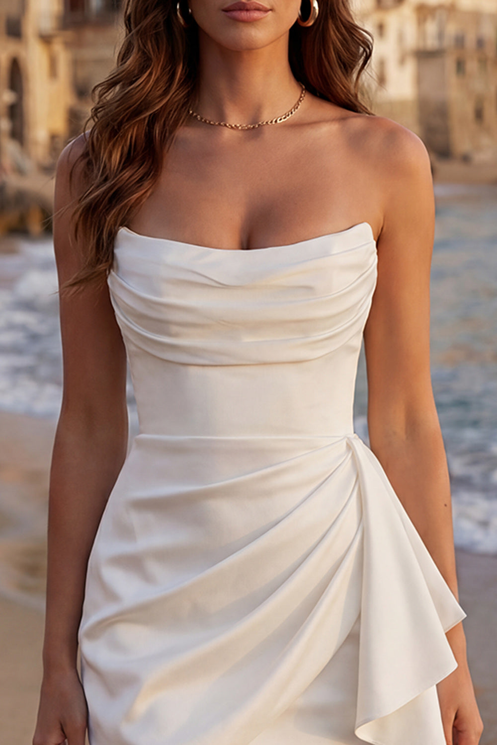 Ivory Ruched Bodycon Strapless Ruched Short Graduation Dress with Sash
