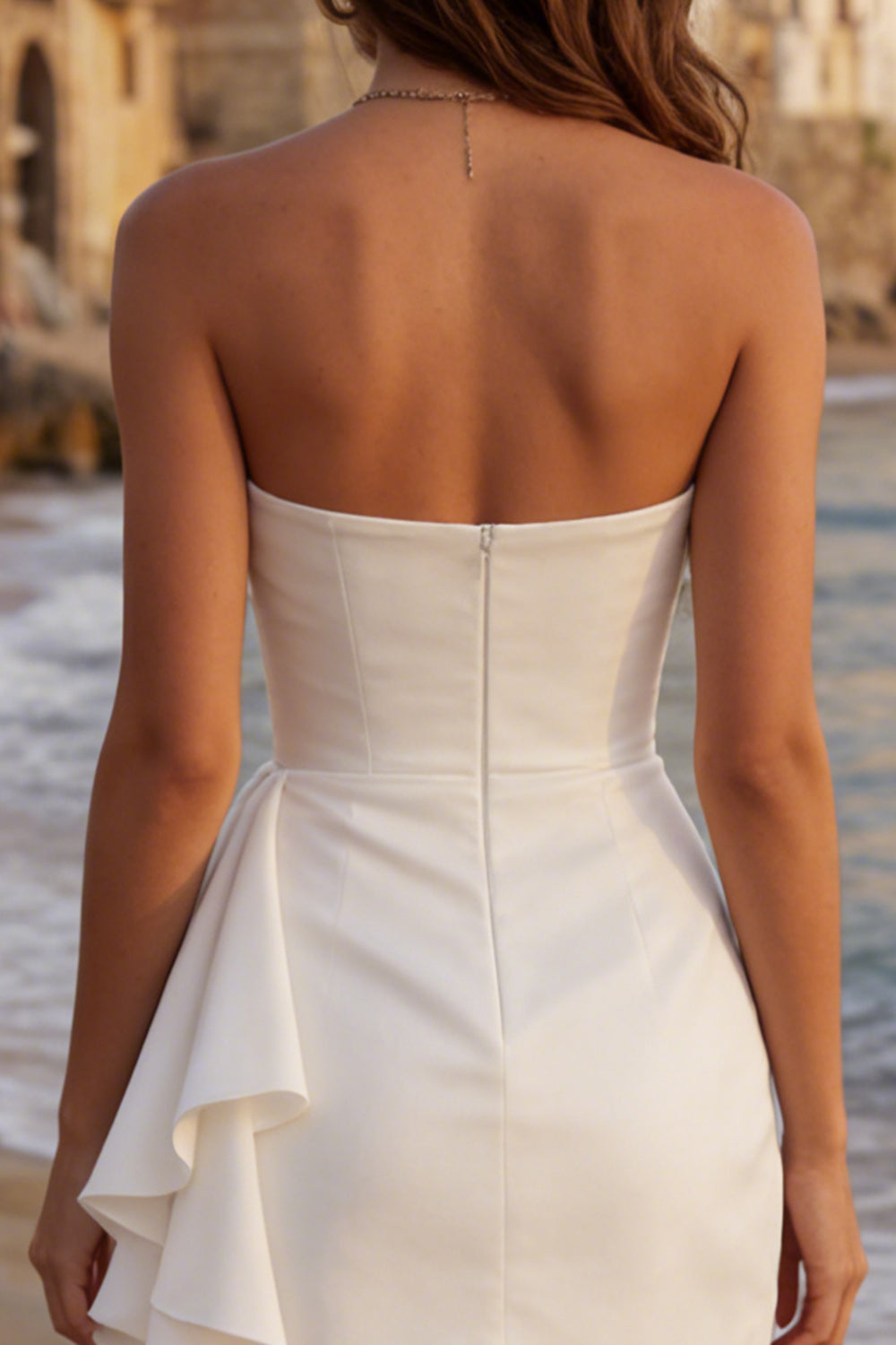 Ivory Ruched Bodycon Strapless Ruched Short Graduation Dress with Sash