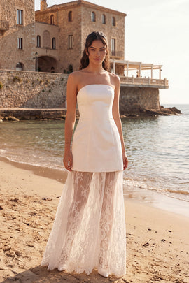 Ivory Sheath Strapless Long Wedding Reception Dress with Lace