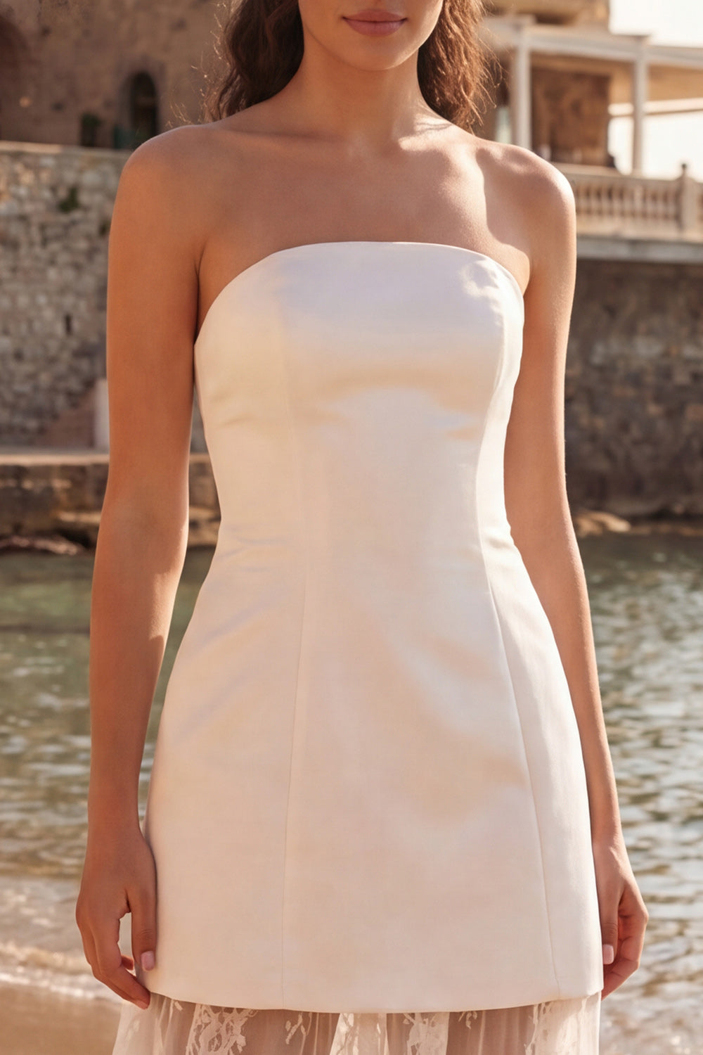 Ivory Sheath Strapless Long Wedding Reception Dress with Lace