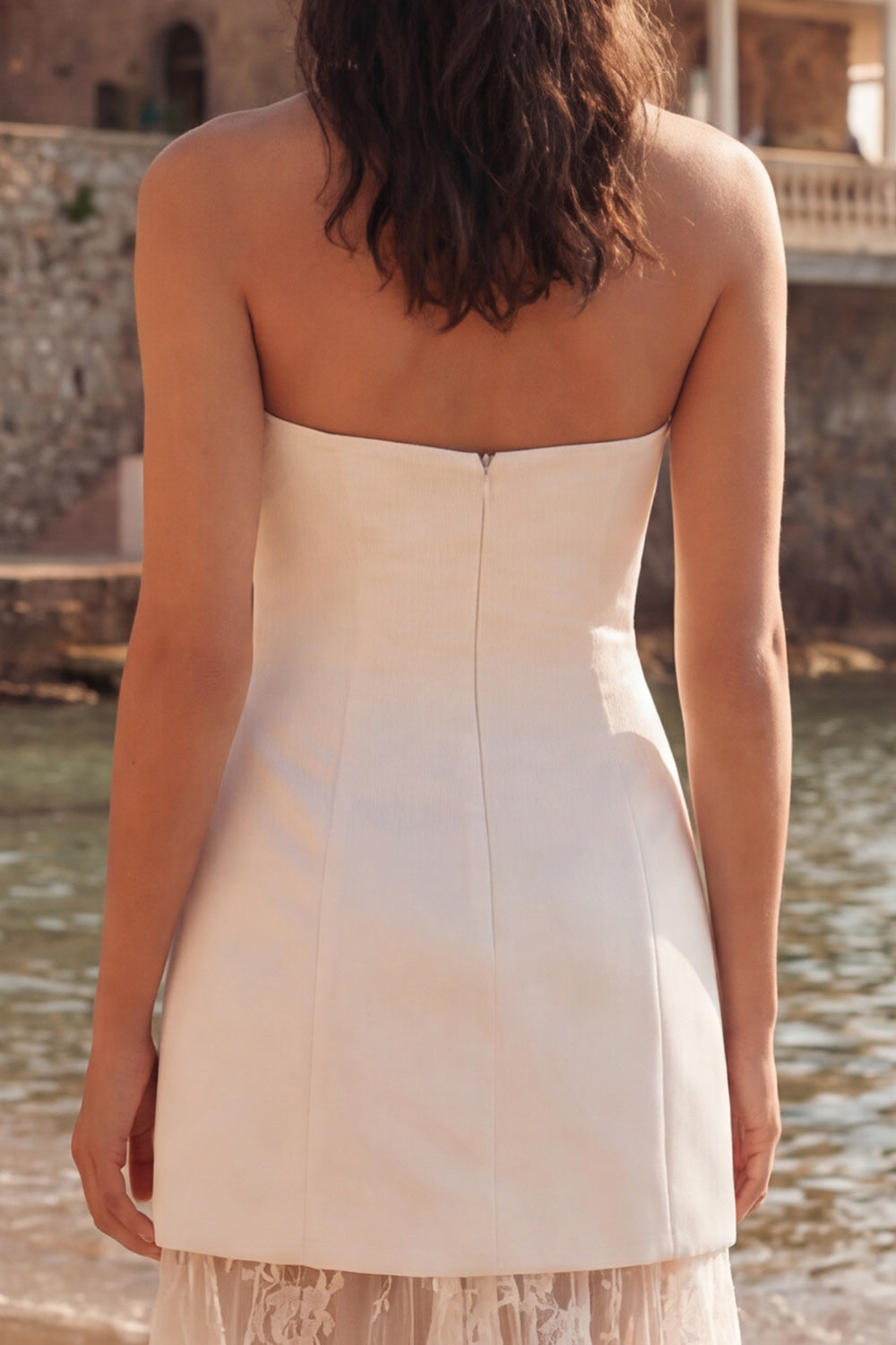 Ivory Sheath Strapless Long Wedding Reception Dress with Lace