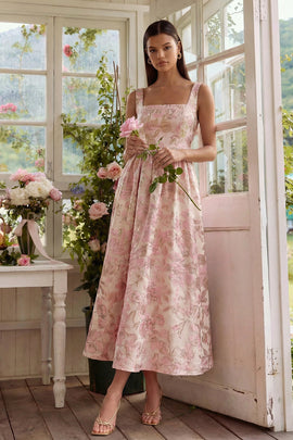 A Line Square Neck Blush Jacquard Long Wedding Guest Dress