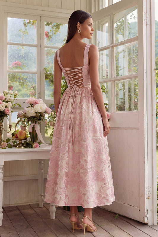 A Line Square Neck Blush Jacquard Long Wedding Guest Dress
