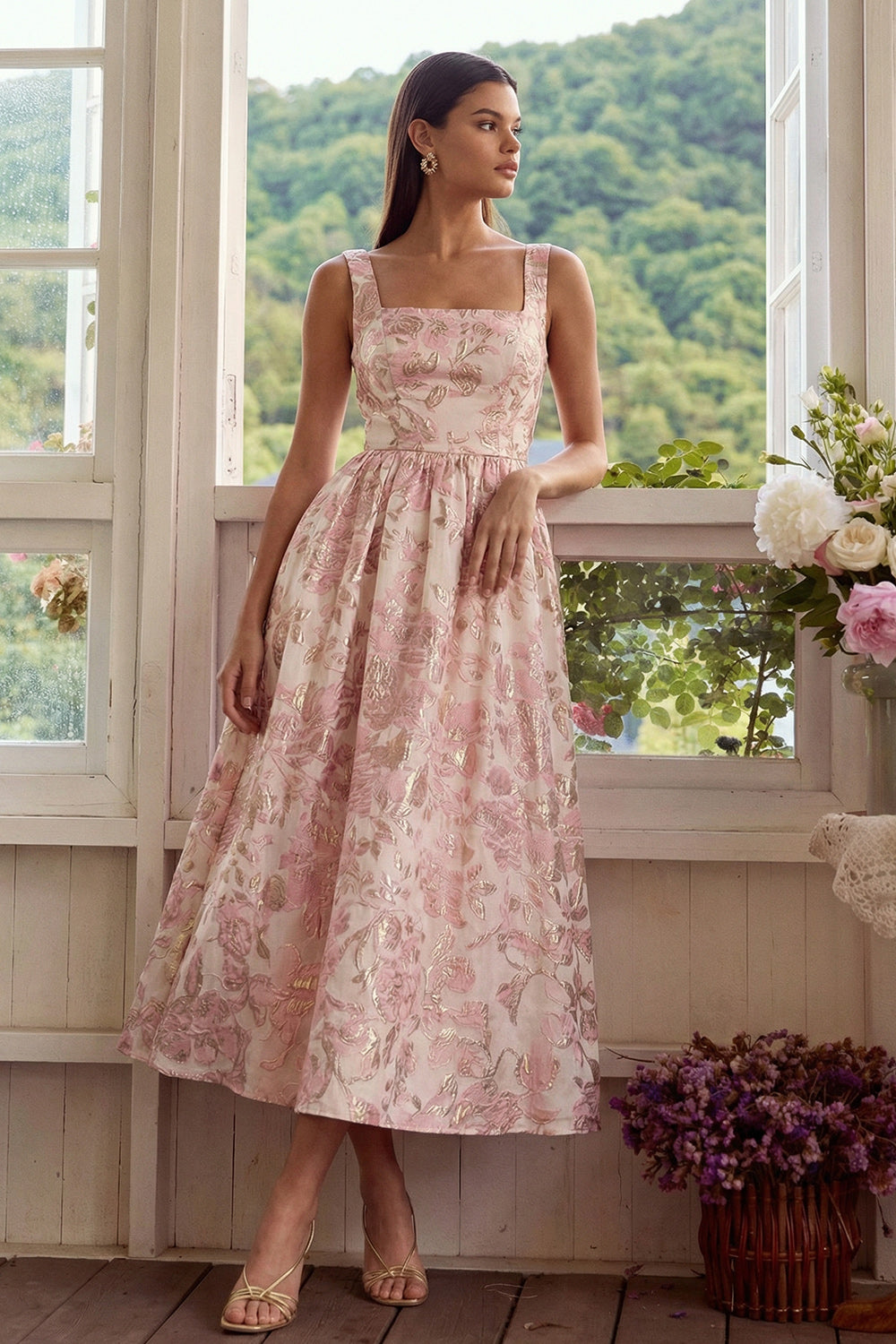 A Line Square Neck Blush Jacquard Long Wedding Guest Dress