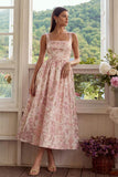 A Line Square Neck Blush Jacquard Long Wedding Guest Dress