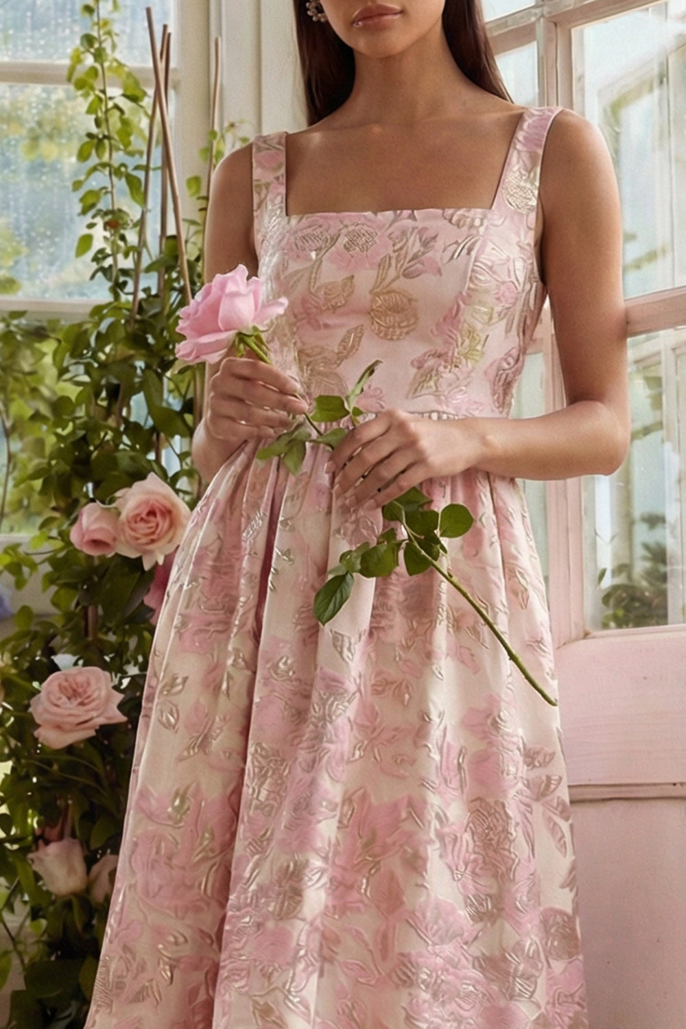 A Line Square Neck Blush Jacquard Long Wedding Guest Dress