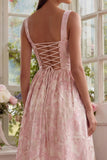 A Line Square Neck Blush Jacquard Long Wedding Guest Dress
