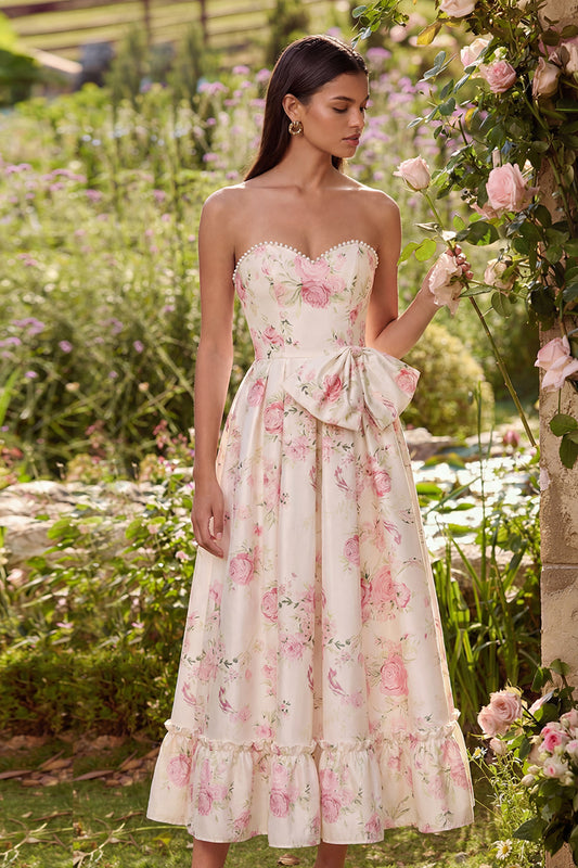 White Pink Flower Sweetheart A Line Maxi Wedding Guest Dress with Pearls