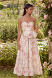 White Pink Flower Sweetheart A Line Maxi Wedding Guest Dress with Pearls