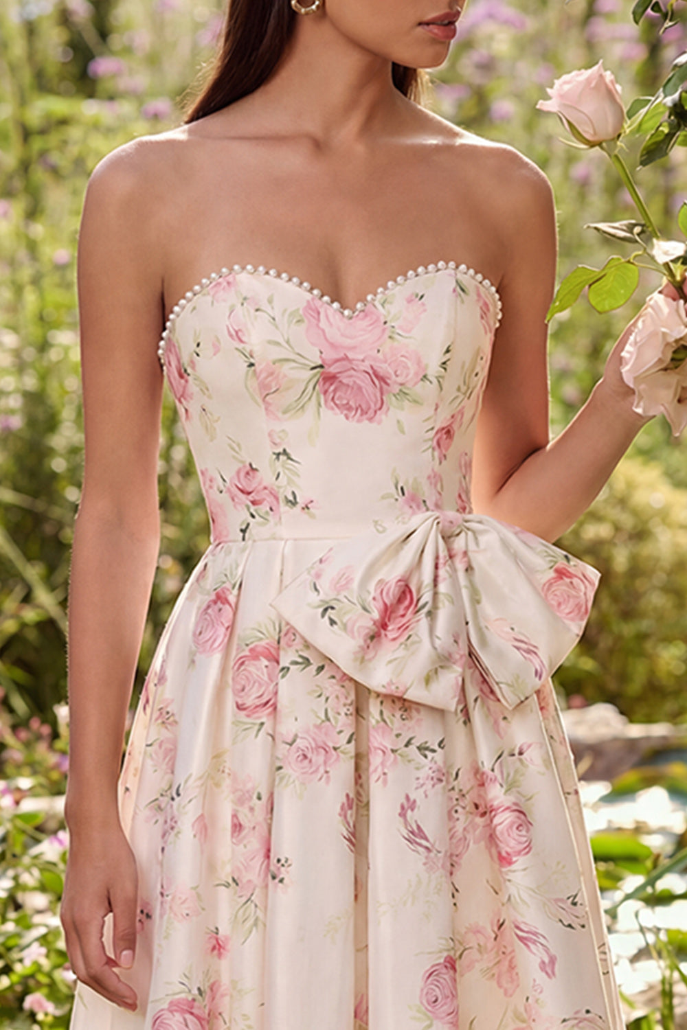 White Pink Flower Sweetheart A Line Maxi Wedding Guest Dress with Pearls