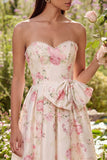 White Pink Flower Sweetheart A Line Maxi Wedding Guest Dress with Pearls