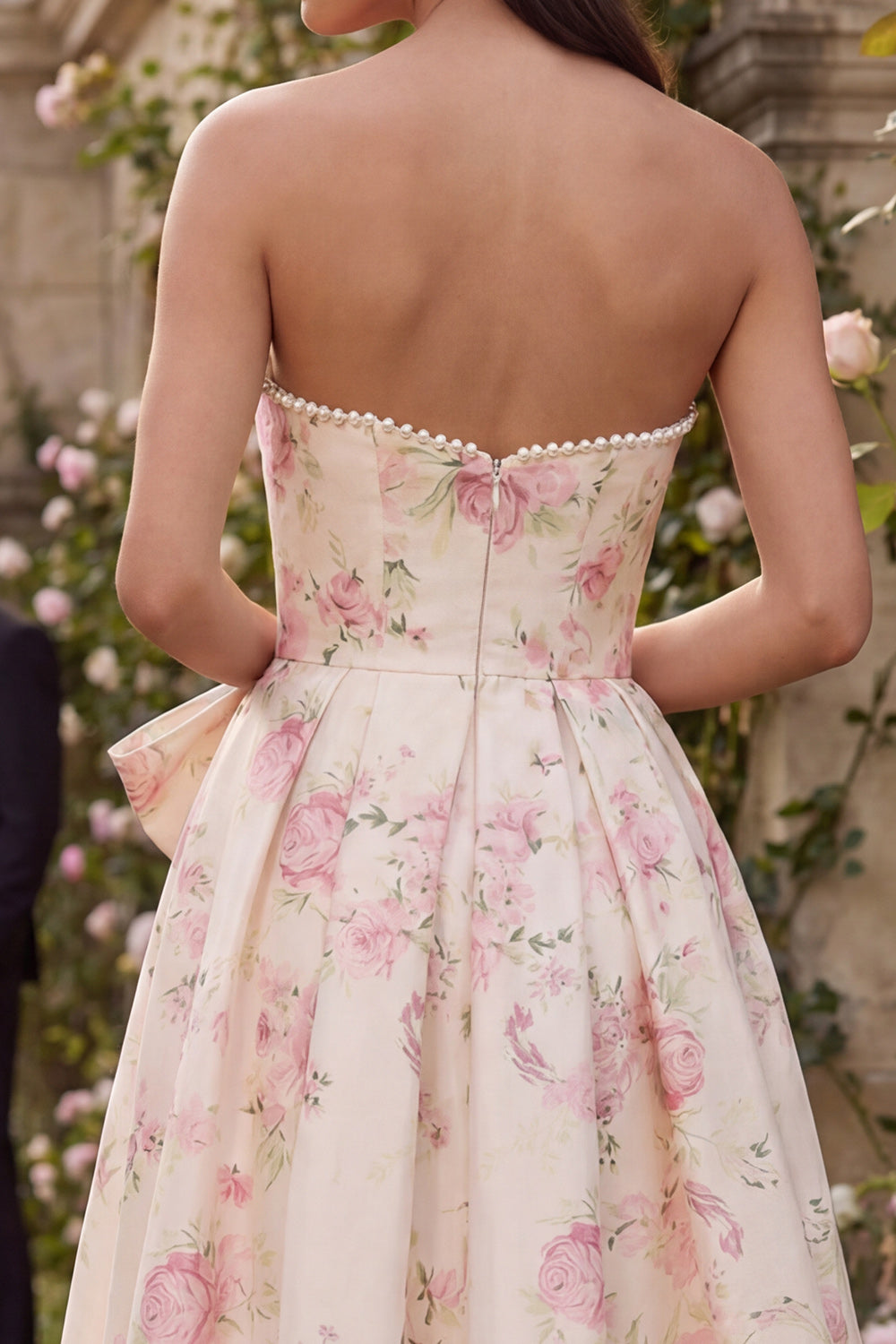 White Pink Flower Sweetheart A Line Maxi Wedding Guest Dress with Pearls