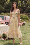 Off the Shoulder A Line Yellow Flower Maxi Wedding Guest Dress