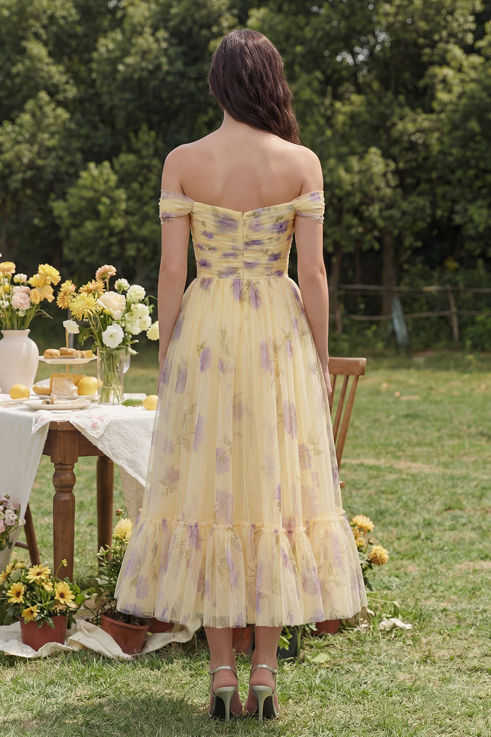 Off the Shoulder A Line Yellow Flower Maxi Wedding Guest Dress