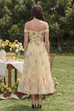 Off the Shoulder A Line Yellow Flower Maxi Wedding Guest Dress