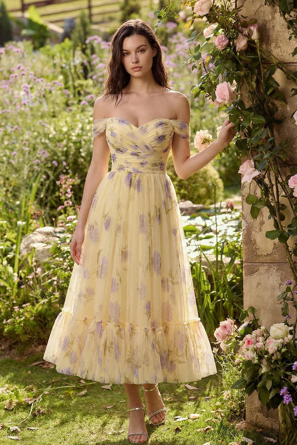 Off the Shoulder A Line Yellow Flower Maxi Wedding Guest Dress