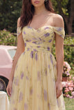 Off the Shoulder A Line Yellow Flower Maxi Wedding Guest Dress