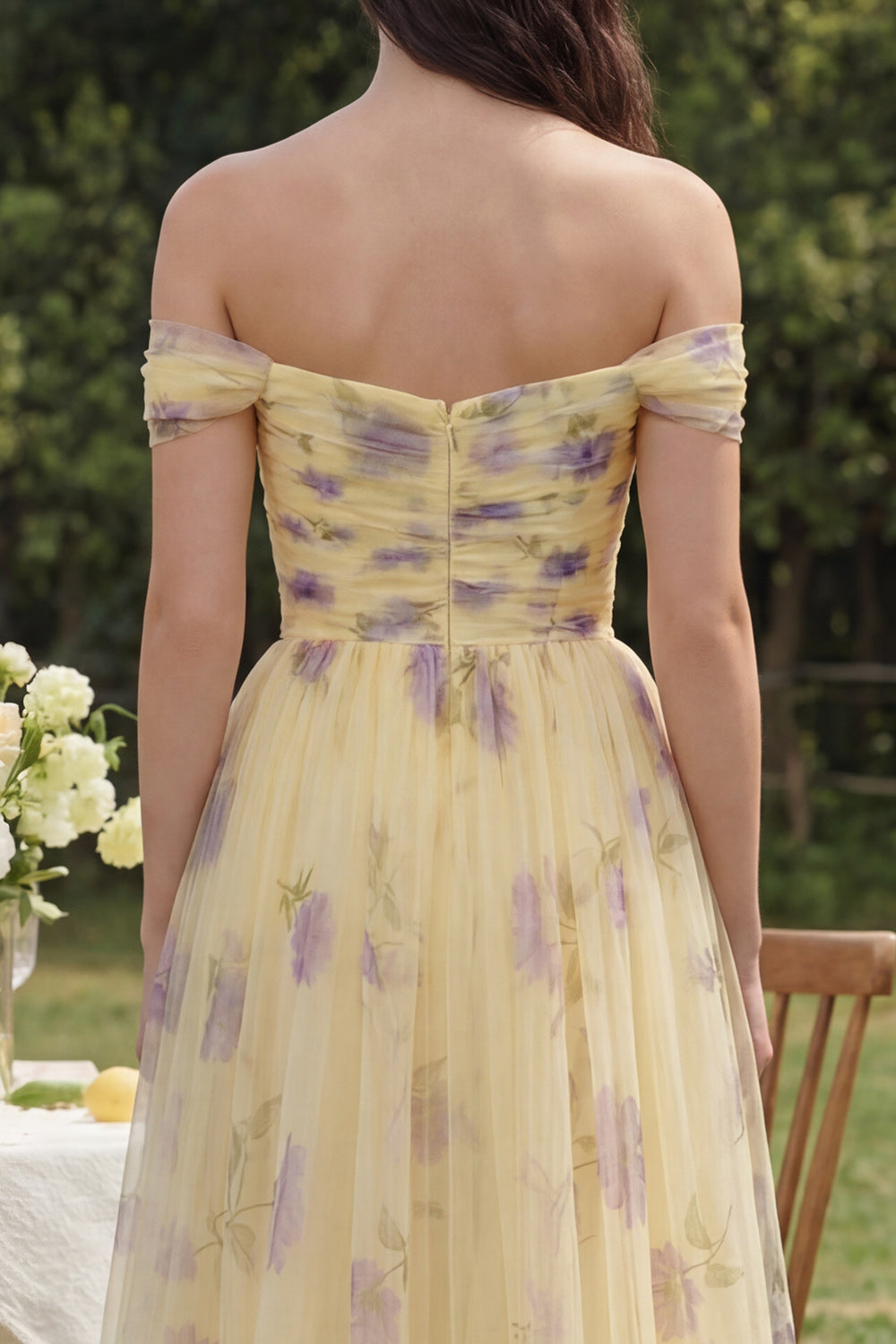 Off the Shoulder A Line Yellow Flower Maxi Wedding Guest Dress