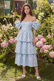 Corset Blue A Line Floral Off the Shoulder Maxi Wedding Guest Dress with Ruffles