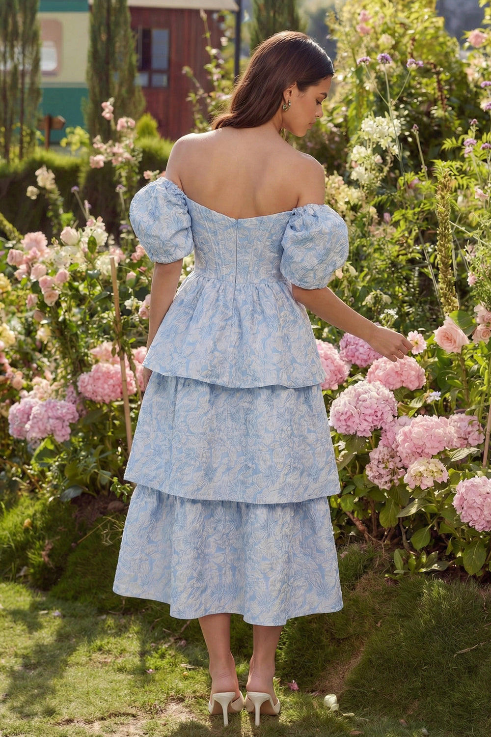 Corset Blue A Line Floral Off the Shoulder Maxi Wedding Guest Dress with Ruffles