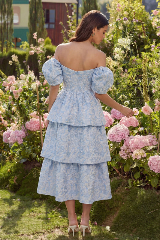 Corset Blue A Line Floral Off the Shoulder Maxi Wedding Guest Dress with Ruffles
