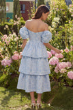 Corset Blue A Line Floral Off the Shoulder Maxi Wedding Guest Dress with Ruffles