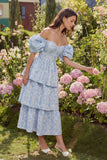 Corset Blue A Line Floral Off the Shoulder Maxi Wedding Guest Dress with Ruffles