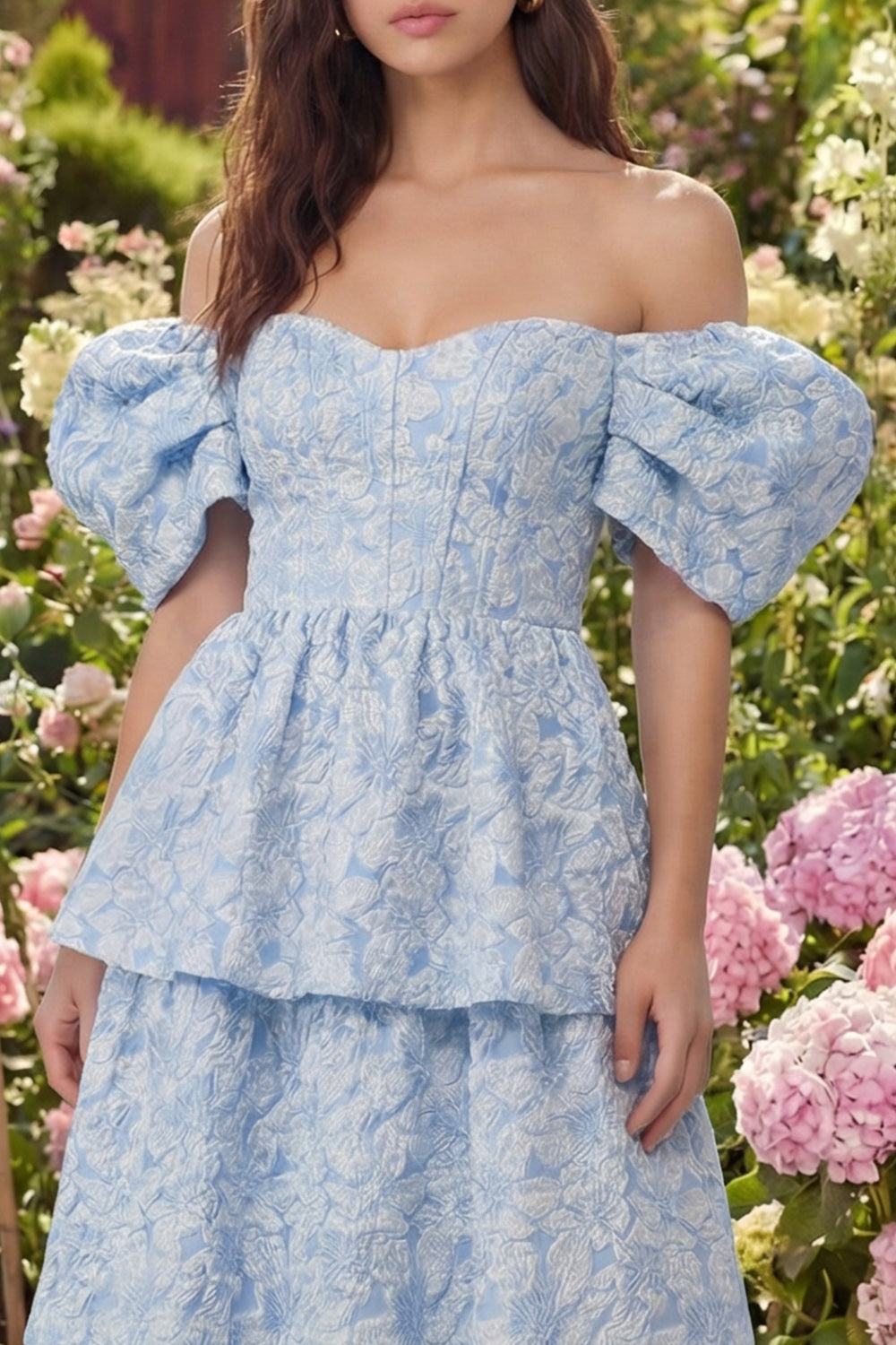 Corset Blue A Line Floral Off the Shoulder Maxi Wedding Guest Dress with Ruffles