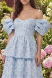Corset Blue A Line Floral Off the Shoulder Maxi Wedding Guest Dress with Ruffles