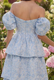 Corset Blue A Line Floral Off the Shoulder Maxi Wedding Guest Dress with Ruffles