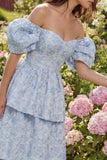 Corset Blue A Line Floral Off the Shoulder Maxi Wedding Guest Dress with Ruffles