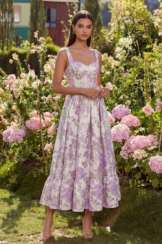 Purple Jacquard Corset Floral A Line Maxi Wedding Guest Dress
