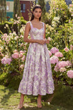 Purple Jacquard Corset Floral A Line Maxi Wedding Guest Dress