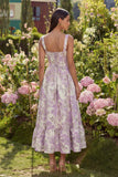 Purple Jacquard Corset Floral A Line Maxi Wedding Guest Dress