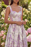 Purple Jacquard Corset Floral A Line Maxi Wedding Guest Dress