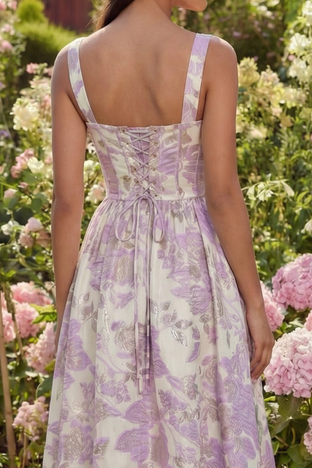 Purple Jacquard Corset Floral A Line Maxi Wedding Guest Dress