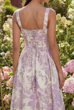 Purple Jacquard Corset Floral A Line Maxi Wedding Guest Dress