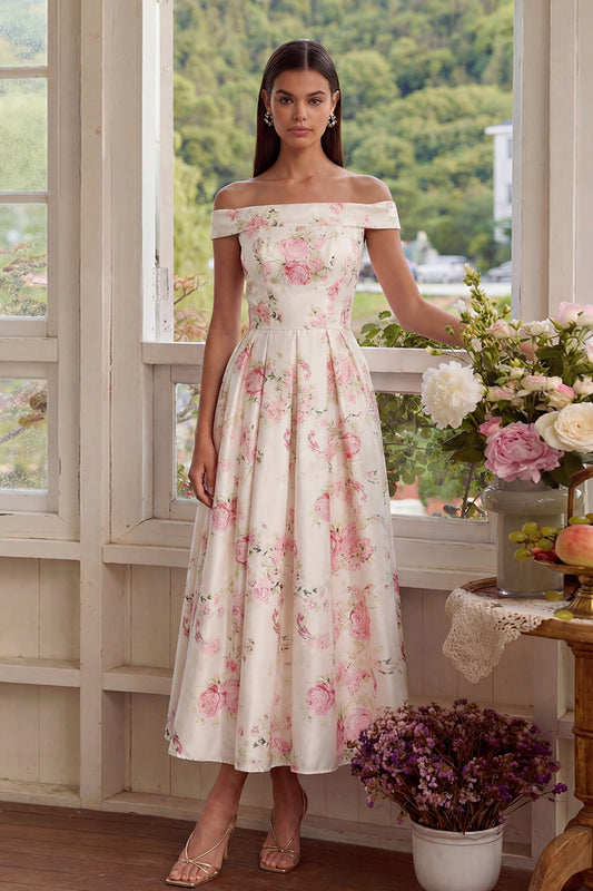 White Pink Flower Corset A Line Floral Off the Shoulder Maxi Wedding Guest Dress