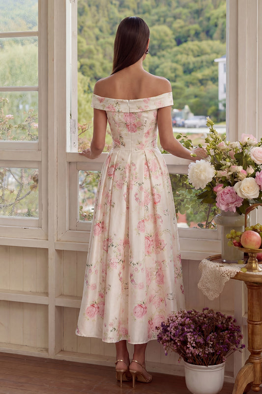 White Pink Flower Corset A Line Floral Off the Shoulder Maxi Wedding Guest Dress