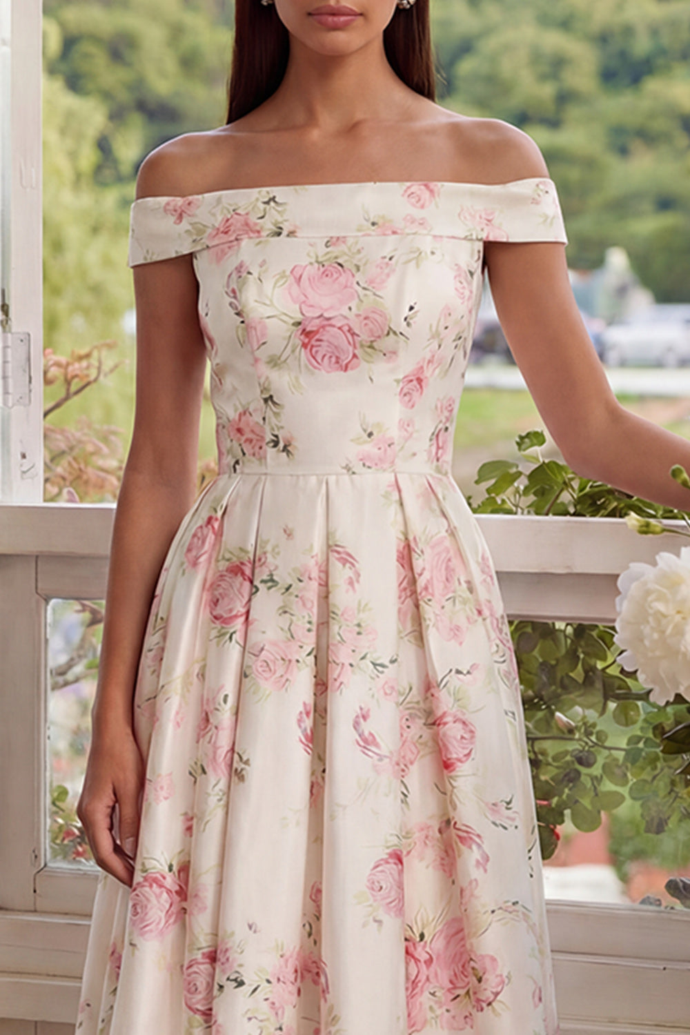 White Pink Flower Corset A Line Floral Off the Shoulder Maxi Wedding Guest Dress