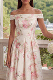 White Pink Flower Corset A Line Floral Off the Shoulder Maxi Wedding Guest Dress