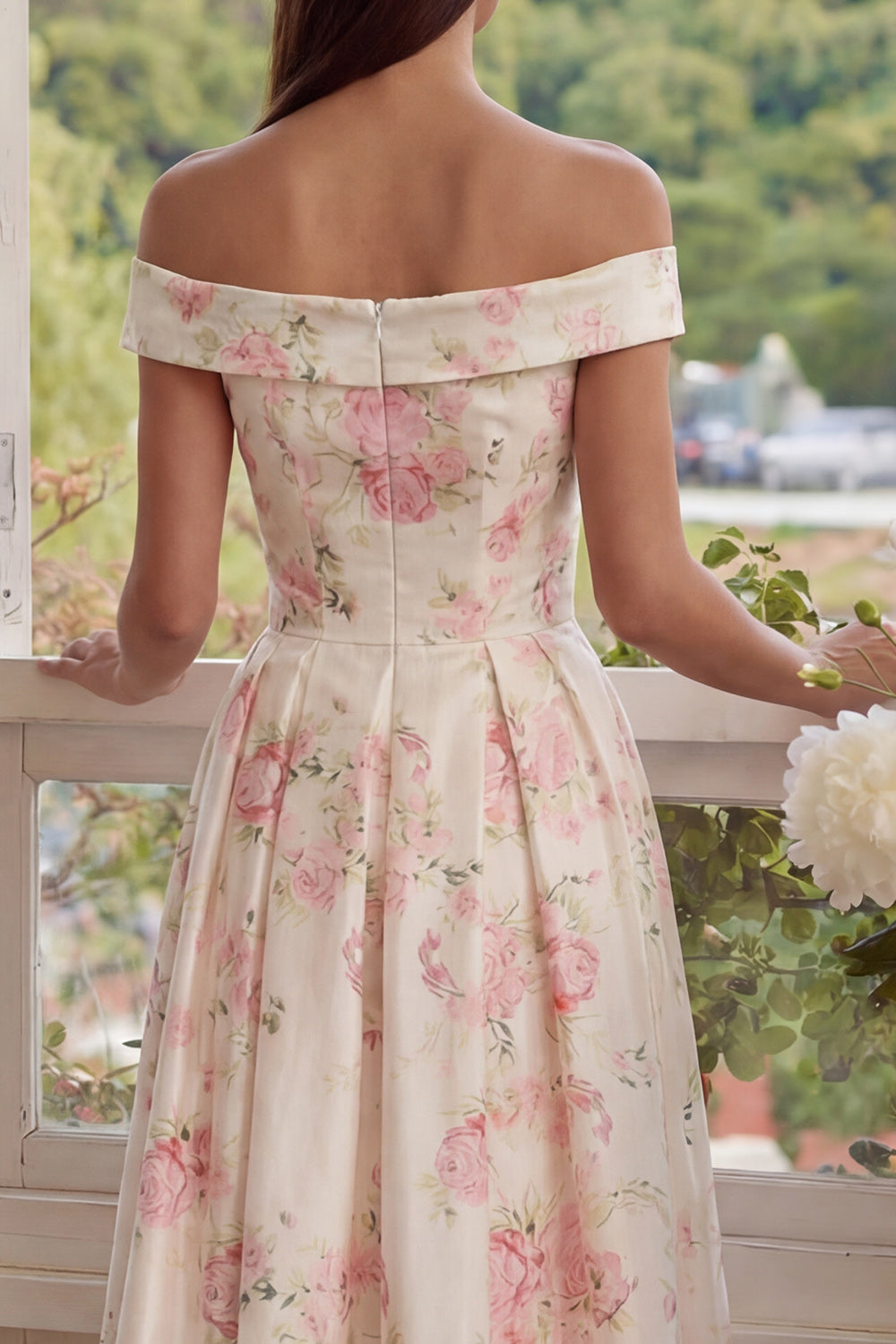 White Pink Flower Corset A Line Floral Off the Shoulder Maxi Wedding Guest Dress