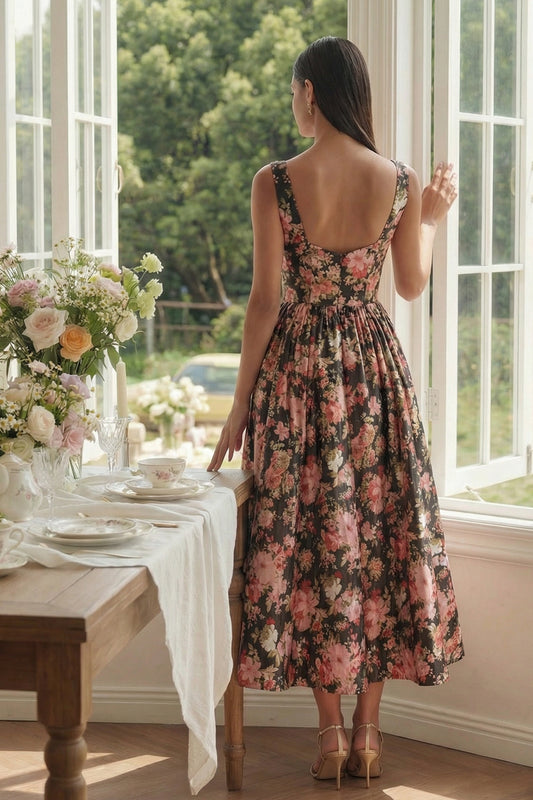 Square Neck Black Pink Flower A Line Floral Maxi Wedding Guest Dress
