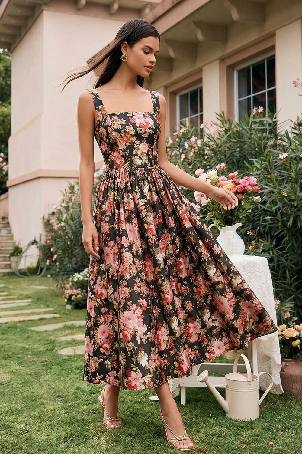 Square Neck Black Pink Flower A Line Floral Maxi Wedding Guest Dress