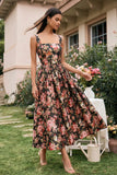 Square Neck Black Pink Flower A Line Floral Maxi Wedding Guest Dress