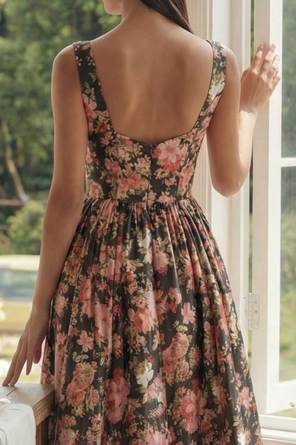 Square Neck Black Pink Flower A Line Floral Maxi Wedding Guest Dress